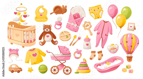 Baby girl shower set. Items for baby care. A set of toys  clothes and furniture for a newborn girl. It s a girl. Cartoon vector illustration.