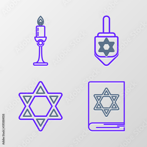 Set line Jewish torah book, Star of David, Hanukkah dreidel and Burning candle in candlestick icon. Vector