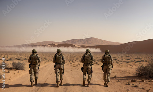 Valokuva Team airborne infantry men with weapons moving patrolling desert storm