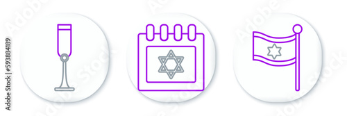 Set line Flag of Israel, Jewish goblet and calendar with star david icon. Vector