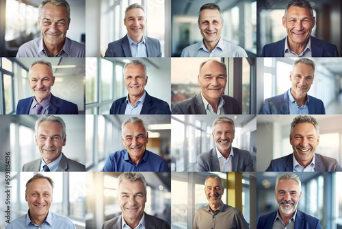 Collection of various headshot portraits of smart senior businessmen, set of different faces. Startup and successful business concept or education, created using Generative AI technology