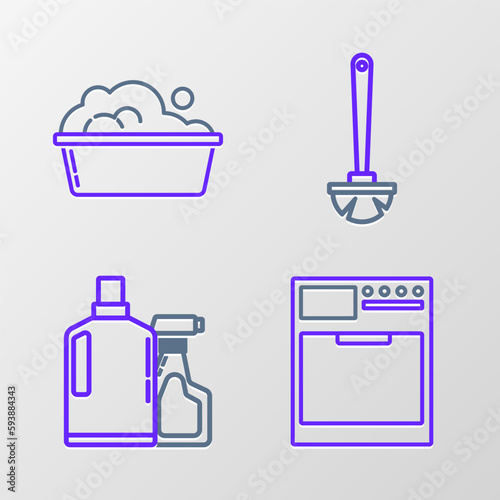 Set line Washer, Plastic bottles for liquid dishwashing liquid, Toilet brush and basin with soap suds icon. Vector