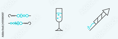 Set line Firework rocket, Grilled shish kebab and Glass of champagne icon. Vector