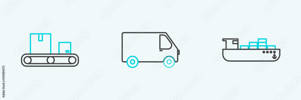 Set line Cargo ship with boxes delivery service, Conveyor belt cardboard and Delivery cargo truck vehicle icon. Vector