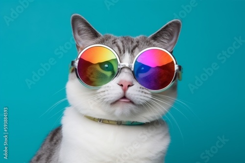 colourful funny sunglasses portrait cute fashion cat neon animal pet. Generative AI.