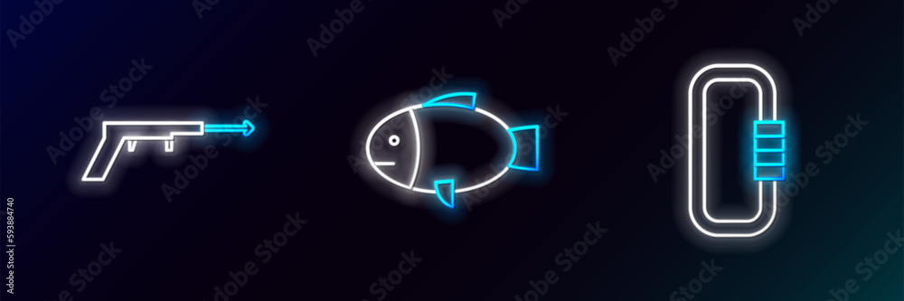 Set line Carabiner, Fishing harpoon and icon. Glowing neon. Vector Set line Carabiner, Fishing harpoon and icon. Glowing neon. Vector