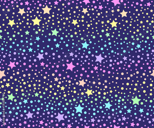 Cute fantasy starry galaxy in unicorn colors. Seamless pattern in princess colors. Ornament for gift wrapping paper, fabric, clothing, textile, surface texture, scrapbook. Vector illustration.
