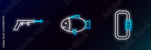 Set line Carabiner, Fishing harpoon and icon. Glowing neon. Vector