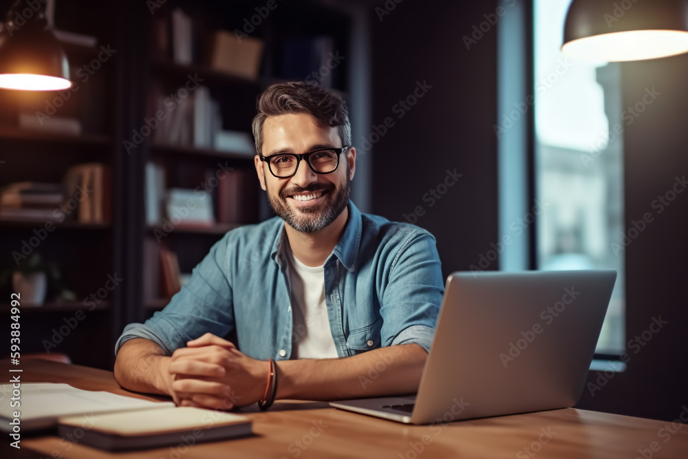 Mann lacht und sitzt zu Hause vorm Computer oder Laptop - Thema Homeoffice, Student, Studieren oder Arbeiten - Generative AI - obrazy, fototapety, plakaty 