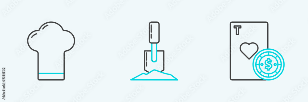 Set line Casino chip and playing cards, Chef hat and Shovel the ground icon. Vector Set line Casino chip and playing cards, Chef hat and Shovel the ground icon. Vector