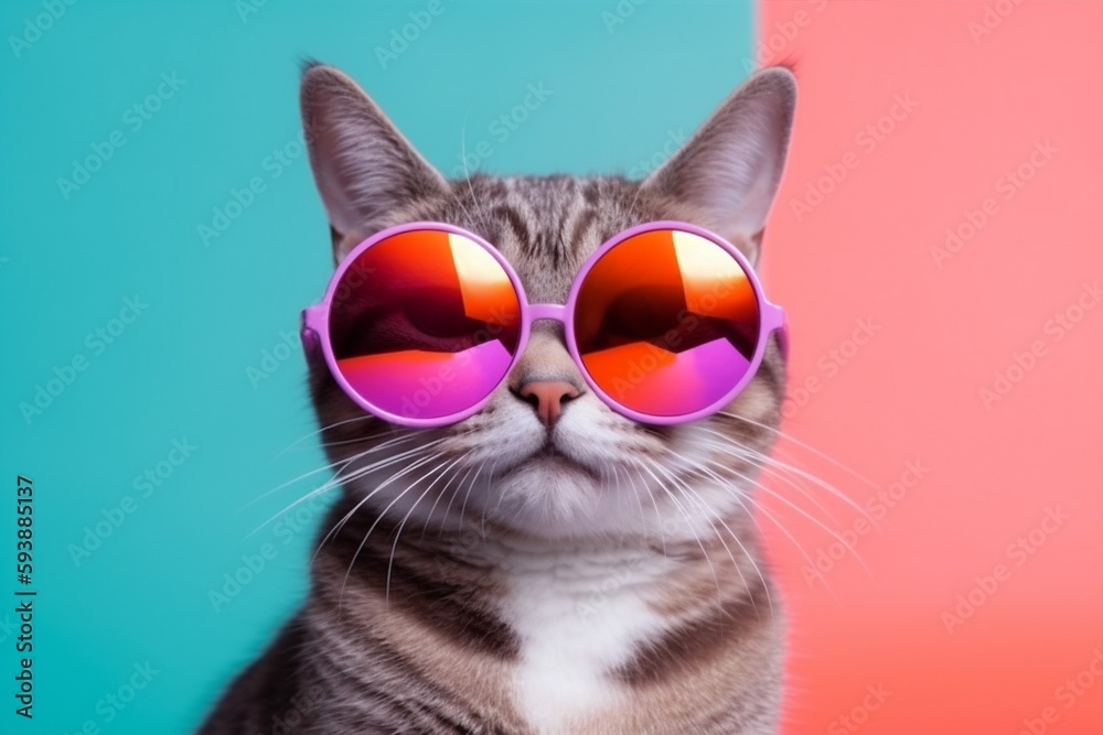animal sunglasses cute neon funny pet colourful cat fashion portrait. Generative AI.