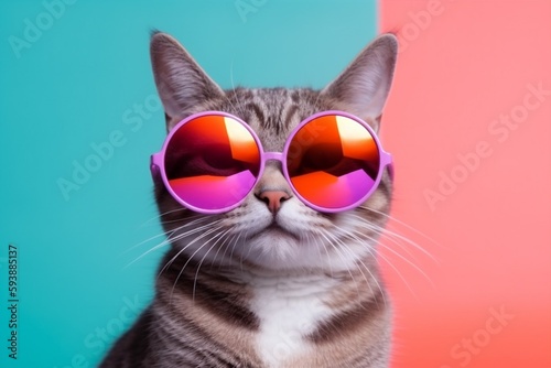 animal sunglasses cute neon funny pet colourful cat fashion portrait. Generative AI. © SHOTPRIME STUDIO
