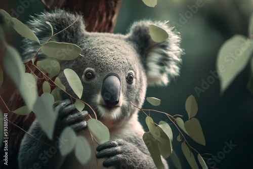Koala marsupial sitting on a branch eating eucalyptus - Australia or endangered species theme - Generative AI