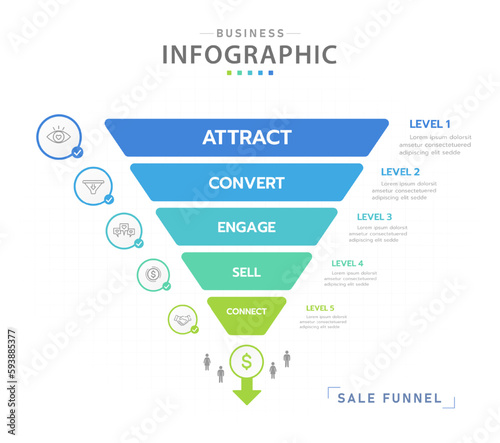 Infographic template for business. 5 Level Modern Sales funnel diagram with icon topics, presentation vector infographic.