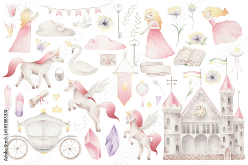 Watercolor set with cute unicorne and princess. Cartoon set illustration for girls.