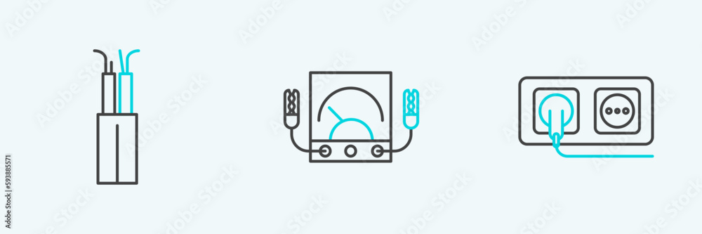 Set line Electrical outlet, cable and Ampere meter, multimeter, voltmeter icon. Vector Set line Electrical outlet, cable and Ampere meter, multimeter, voltmeter icon. Vector