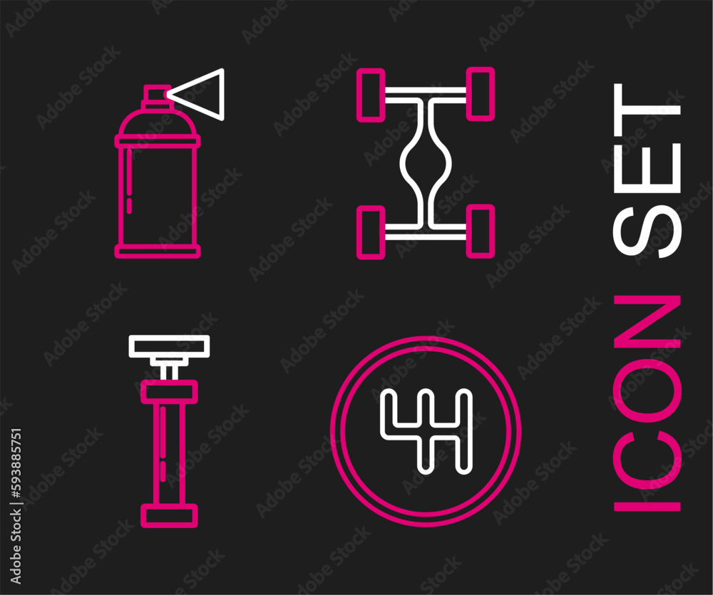 Set line Gear shifter, , Chassis car and Paint spray can icon. Vector Set line Gear shifter, , Chassis car and Paint spray can icon. Vector