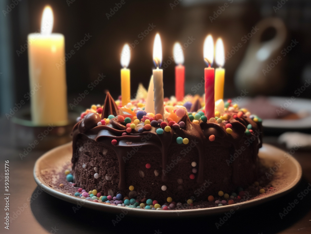chocolate cake with sprinkles and flaming candles chocolate cake with sprinkles and flaming candles
