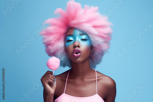 Woman with cotton candy hair eating sweet sugar candy desert, fictitious person. AI generated image