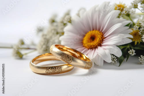 Two golden wedding rings with flowers, wedding details. Generate by ai © MoniStock