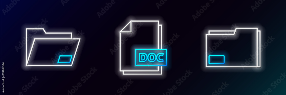 Set line Document folder, and DOC file document icon. Glowing neon. Vector Set line Document folder, and DOC file document icon. Glowing neon. Vector