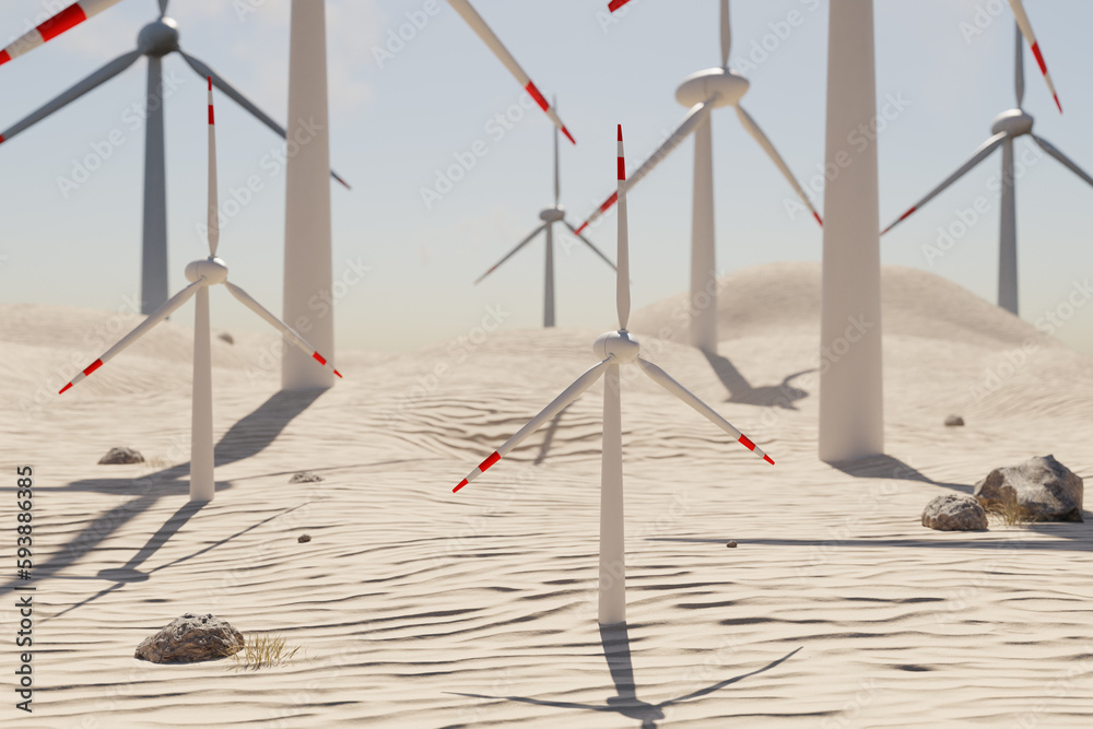 large wind farm with multiple windmills in desert environment; renewable energy and climate change concept; 3D Illustration large wind farm with multiple windmills in desert environment; renewable energy and climate change concept; 3D Illustration