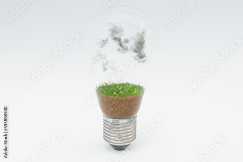 single lightbulb with green soil and clouds; renewable clean energy concept; 3D Illustration photo