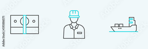 Set line Oil tanker ship, Stacks paper money cash and Oilman icon. Vector
