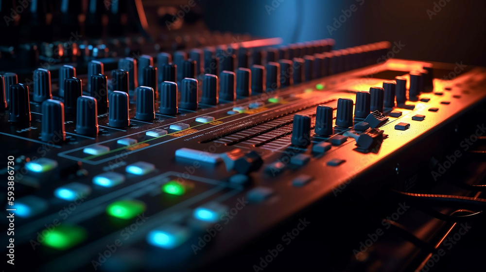  sound mixer control, equipment for sound mixer control, electornic  device, 
high-precision and long-stroke faders ,faders and sliders, Generative AI 
