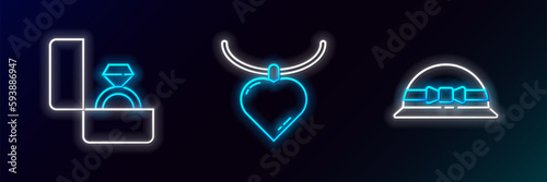 Set line Elegant women hat, Diamond engagement ring and Necklace with heart shaped pendant icon. Glowing neon. Vector