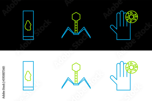 Set line Hand with virus, Blood test and Bacteria bacteriophage icon. Vector
