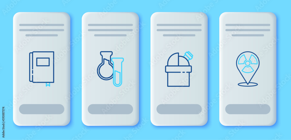 Set line Test tube and flask, Astronomical observatory, Book and Radioactive in location icon. Vector Set line Test tube and flask, Astronomical observatory, Book and Radioactive in location icon. Vector