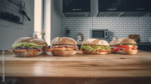 burgers and sandwiches on the table in the kitchen. quick fast food. generative ai