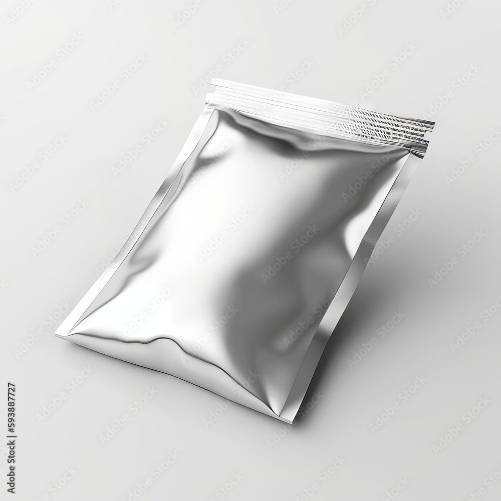 Empty metalic pouch mockup, packet, white background 