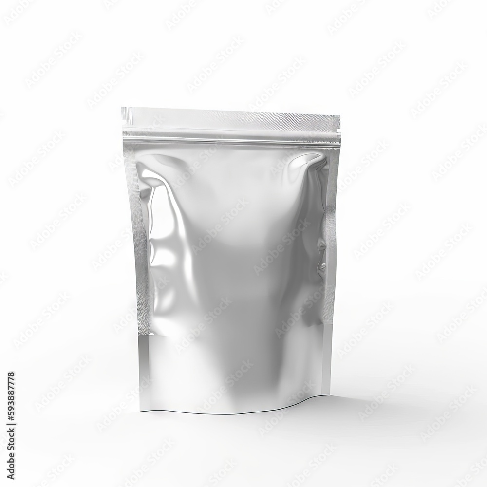 Empty metalic pouch mockup, packet, white background Empty metalic pouch mockup, packet, white background
