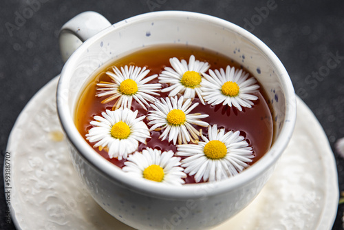 tea chamomile flowers healing hot drink healthy meal food snack on the table copy space food background rustic top view