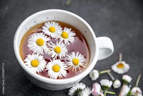 tea chamomile flowers healing hot drink healthy meal food snack on the table copy space food background rustic top view