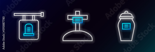 Set line Funeral urn, Signboard tombstone and Grave with cross icon. Glowing neon. Vector