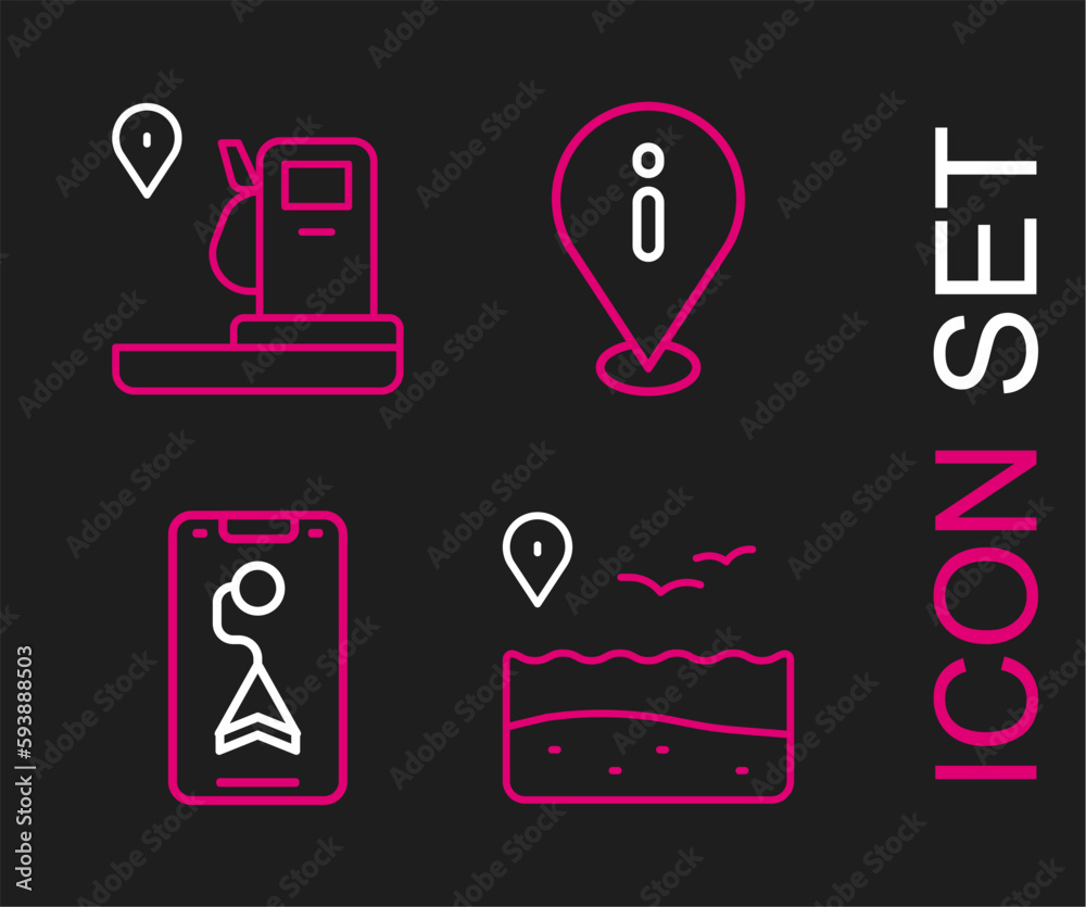 Set line Location with beach, City map navigation, information and and gas station icon. Vector Set line Location with beach, City map navigation, information and and gas station icon. Vector
