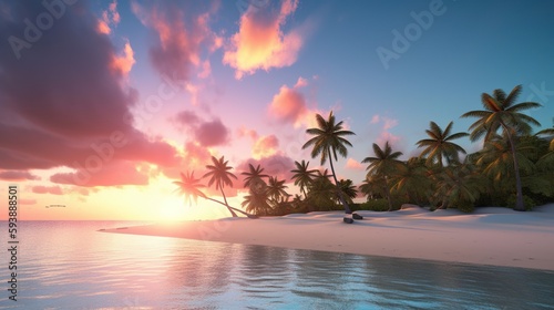 beautiful sunset on the ocean shore with palm trees. rest on the island.