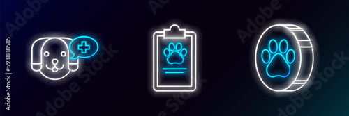 Set line Paw print, Veterinary clinic symbol and Clipboard with medical clinical record pet icon. Glowing neon. Vector