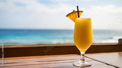 Dirty Monkey cocktail on background with blue sea and sky tropical background. Generative AI