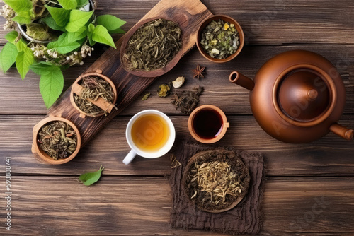 Cup of tea with teapot, organic green tea leaves and dried herbs on wooden table top view with copy space 