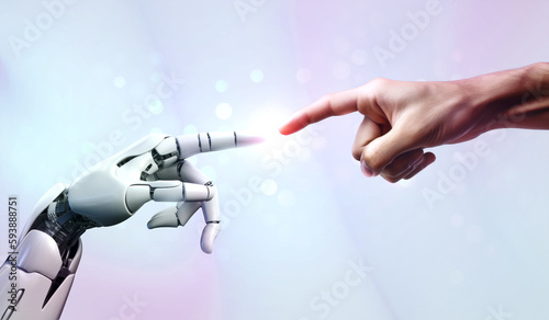 Tablou pe pânză AI, Artificial intelligence creation by humans, robot and human hands are touchi
