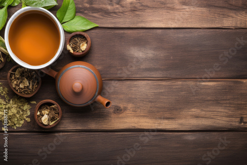 Cup of tea with teapot, organic green tea leaves and dried herbs on wooden table top view with copy space 