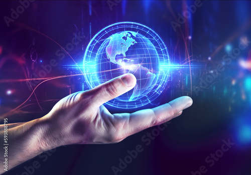 Hand showing a futuristic world hologram and how AI technology will change our lives, unity with human and Artificial intelligence concept, machine learning and futuristic technology background