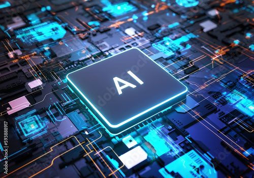 AI, Artificial Intelligence chipset processor on circuit board working on data analysis, machine learning and futuristic technology concept photo