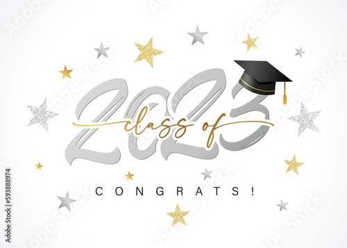 2023 class of Congrats, silver logo text design and stars. Congratulations graduate 2023 years with a square academic cap and numbers. Vector illustration