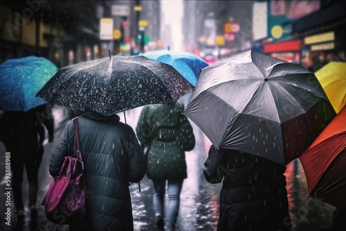 Back view of people with umbrellas. Generative AI