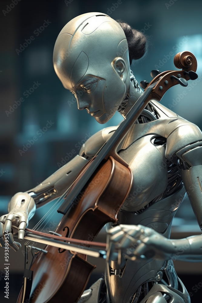 Robot playing violin. Ai with a musical instrument. Futuristic concept technology generative ai.